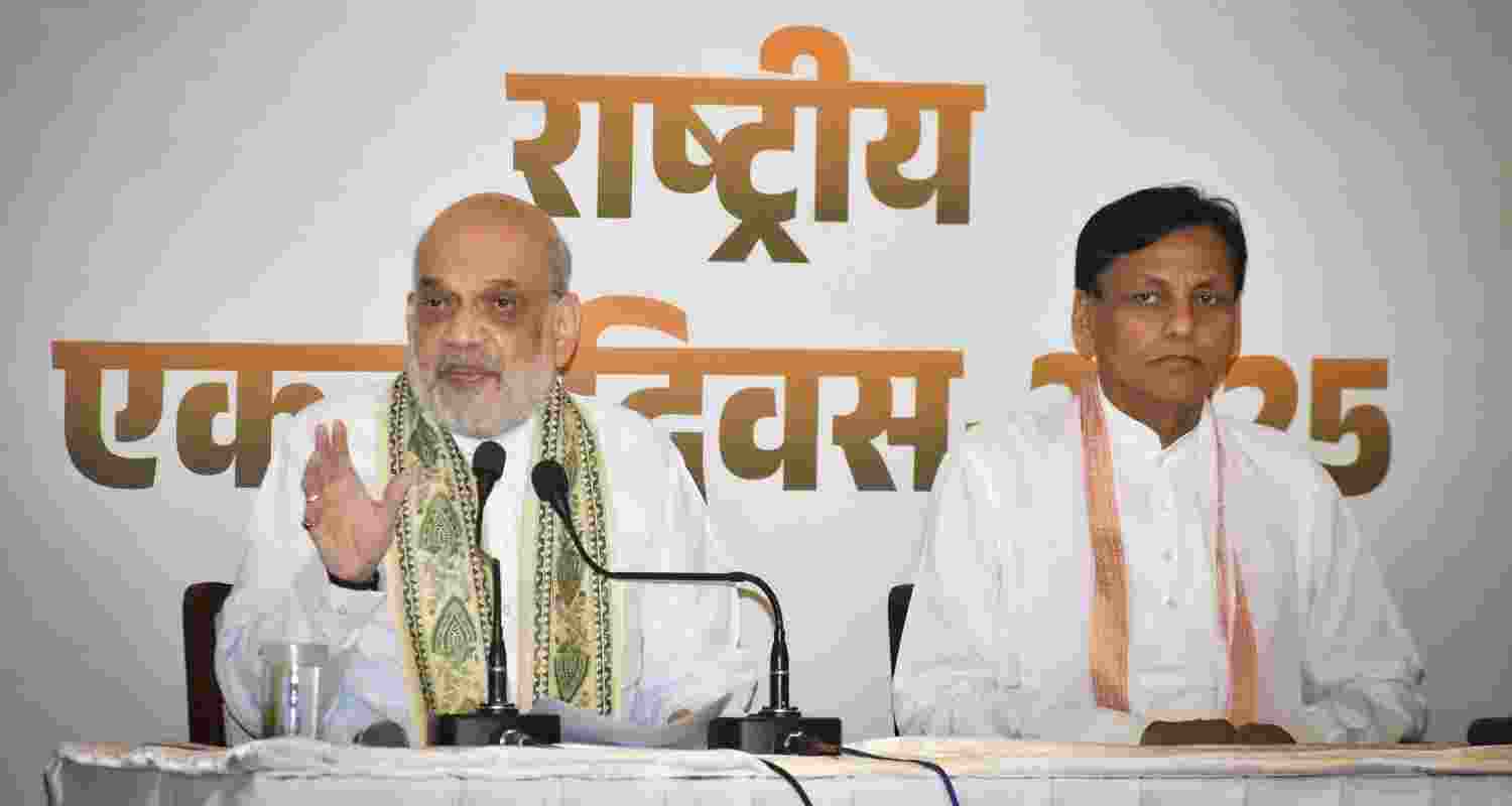 Union Home Minister Amit Shah addresses a press conference as MoS Nityanand Rai looks on, in Patna, Thursday. Union Home Minister Amit Shah addresses a press conference as MoS Nityanand Rai looks on, in Patna, Thursday.