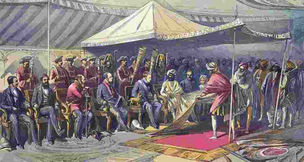 A portrait from the early 1850s showing British colonial officials egotiating with Indian representatives, reflecting the exploitative practices of resource extraction, heavy taxation, and economic policies designed to drain wealth from India to Britain during the colonial era. A portrait from the early 1850s showing British colonial officials egotiating with Indian representatives, reflecting the exploitative practices of resource extraction, heavy taxation, and economic policies designed to drain wealth from India to Britain during the colonial era.