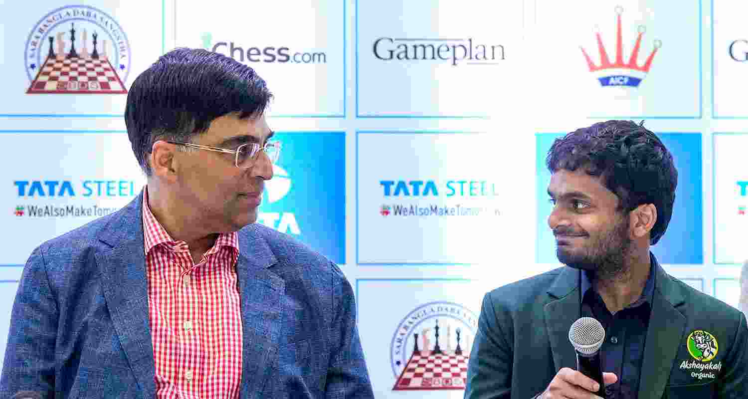Grandmaster Viswanathan Anand (left) with compatriot GM Nihal Sarin during a press conference at the Tata Steel Chess India 2026 Rapid and Blitz Open tournament in Kolkata on Friday. Grandmaster Viswanathan Anand (left) with compatriot GM Nihal Sarin during a press conference at the Tata Steel Chess India 2026 Rapid and Blitz Open tournament in Kolkata on Friday.