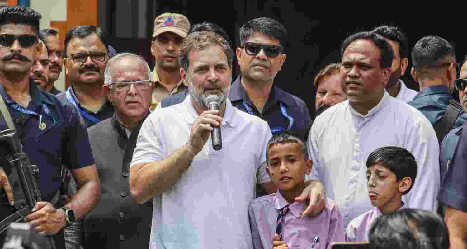 Congress leader Rahul Gandhi interacts with students during a visit to a school, in Poonch, Jammu and Kashmir on Saturday. Congress leader Rahul Gandhi interacts with students during a visit to a school, in Poonch, Jammu and Kashmir on Saturday.
