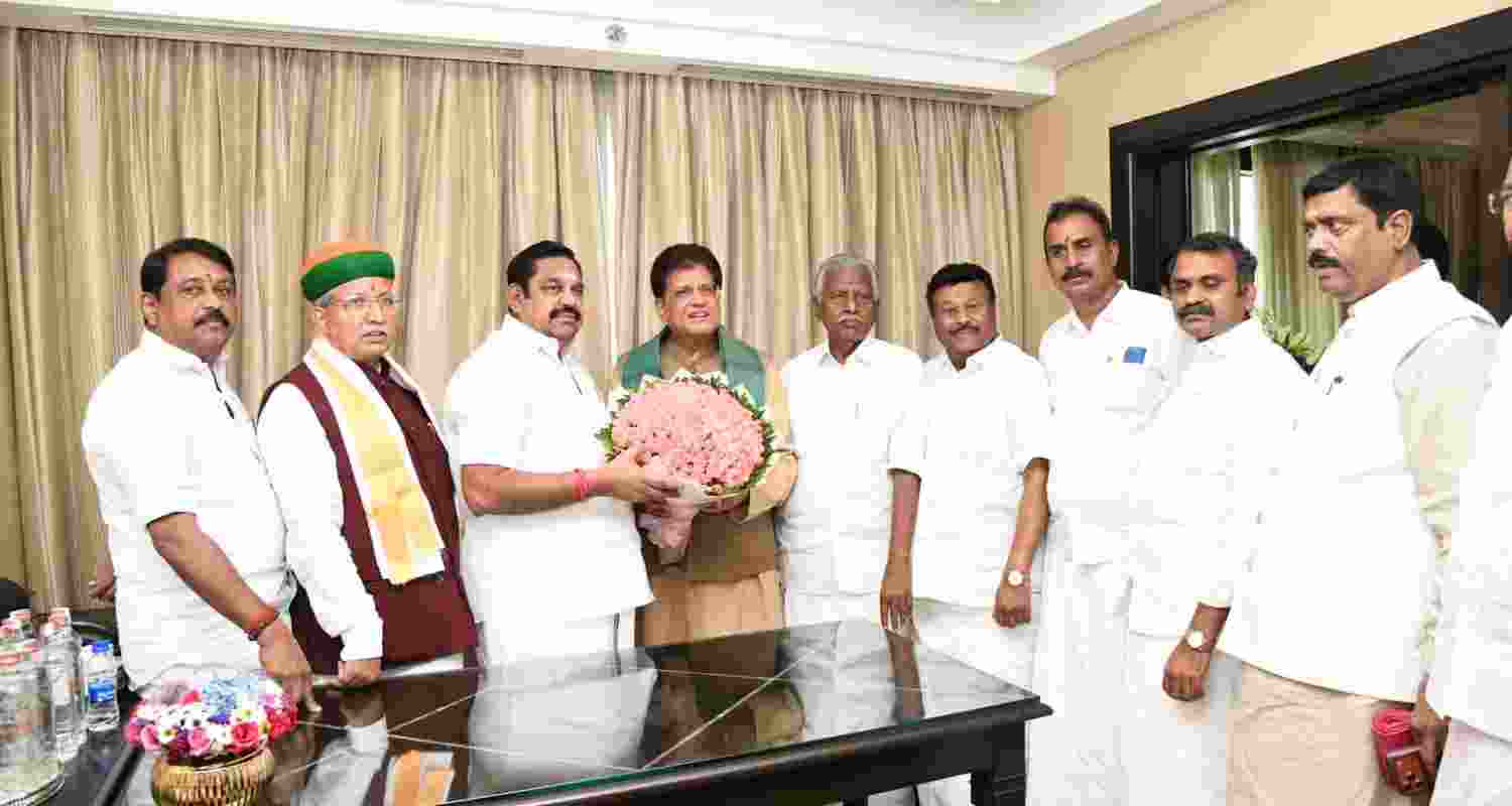 BJP leader and Union Minister Piyush Goyal meets AIADMK General Secretary Edappadi K Palaniswami and other party leaders in Chennai on Tuesday. BJP leader and Union Minister Piyush Goyal meets AIADMK General Secretary Edappadi K Palaniswami and other party leaders in Chennai on Tuesday.