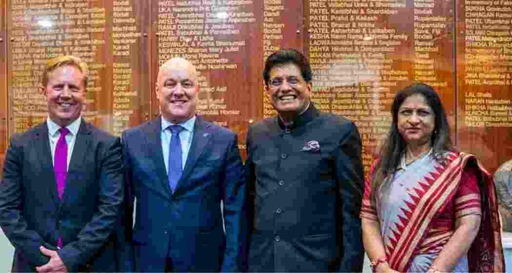 Union Commerce Minister Piyush Goyal with New Zealand counterpart Christopher Luxon and delegations after concluding the India-New Zealand FTA. Union Commerce Minister Piyush Goyal with New Zealand counterpart Christopher Luxon and delegations after concluding the India-New Zealand FTA.