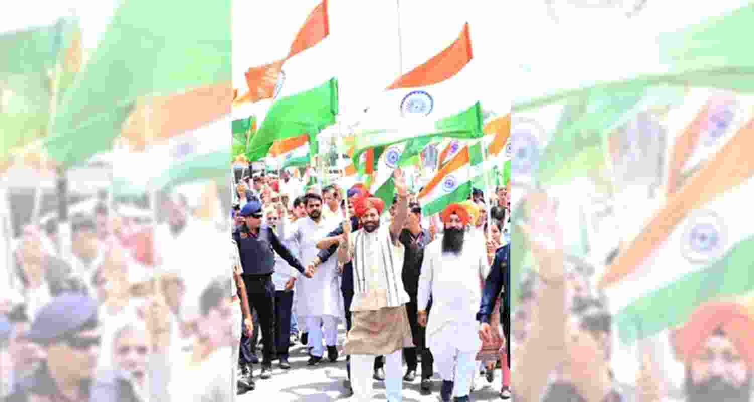 Haryana Chief Minister Nayab Singh Saini during a Tiranga Yatra on  Wednesday. Haryana Chief Minister Nayab Singh Saini during a Tiranga Yatra on  Wednesday.