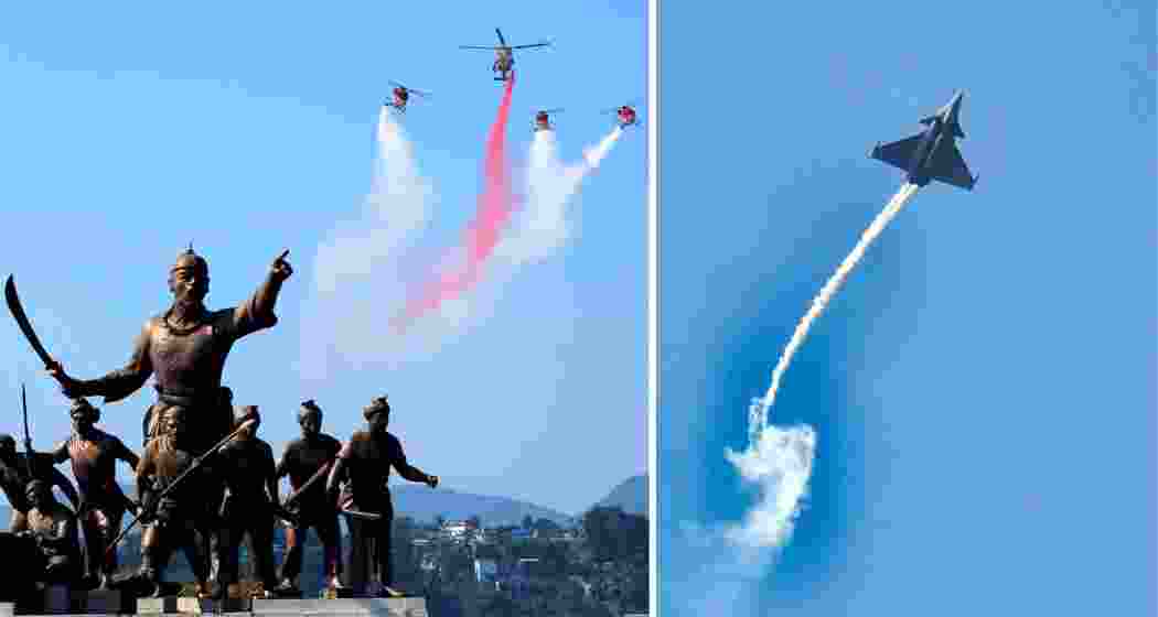 Indian Air Force aircraft roar across the Guwahati sky during the flypast at Lachit Ghat, featuring formations honouring Operation Sindoor and showcasing the service’s growing capabilities in the eastern sector. Indian Air Force aircraft roar across the Guwahati sky during the flypast at Lachit Ghat, featuring formations honouring Operation Sindoor and showcasing the service’s growing capabilities in the eastern sector.