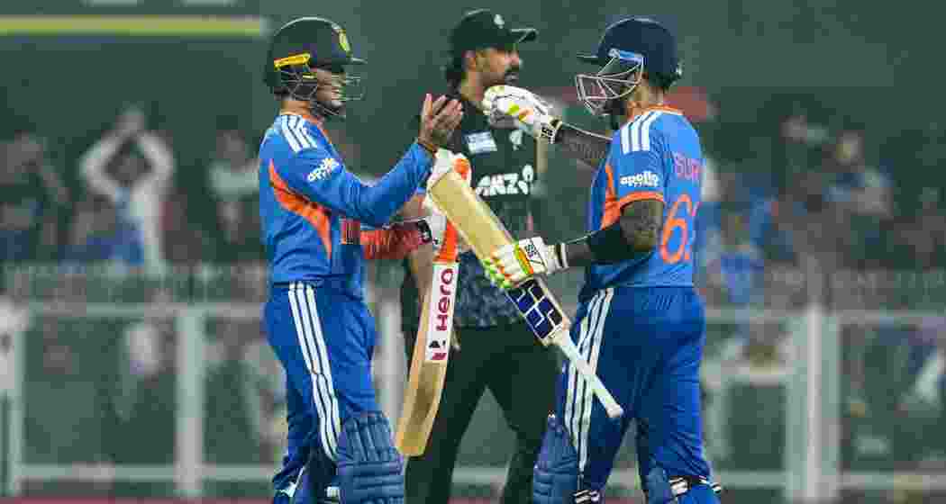 India's Abhishek Sharma being greeted by captain Suryakumar Yadav after his half century during the third T20I cricket match between India and New Zealand, at ACA Stadium, Barsapara in Guwahati on Sunday. India's Abhishek Sharma being greeted by captain Suryakumar Yadav after his half century during the third T20I cricket match between India and New Zealand, at ACA Stadium, Barsapara in Guwahati on Sunday.