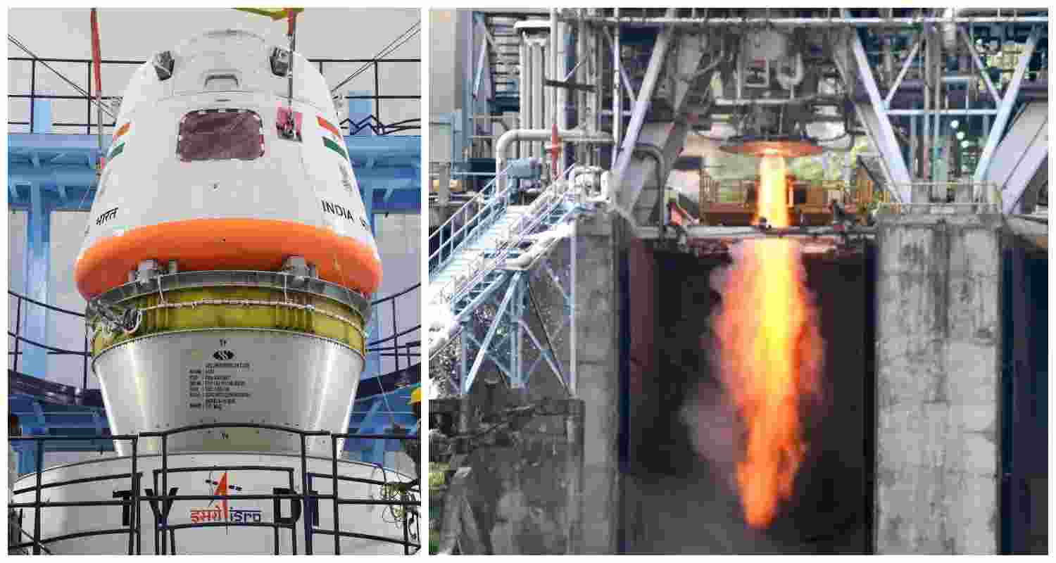 The Gaganyaan module (left) alongside the ongoing CE20 cryogenic engine test (right), the latest technological upgrade which would ensure that the engine can be reliably re-ignited in space, a crucial feature for long-duration missions. The Gaganyaan module (left) alongside the ongoing CE20 cryogenic engine test (right), the latest technological upgrade which would ensure that the engine can be reliably re-ignited in space, a crucial feature for long-duration missions.
