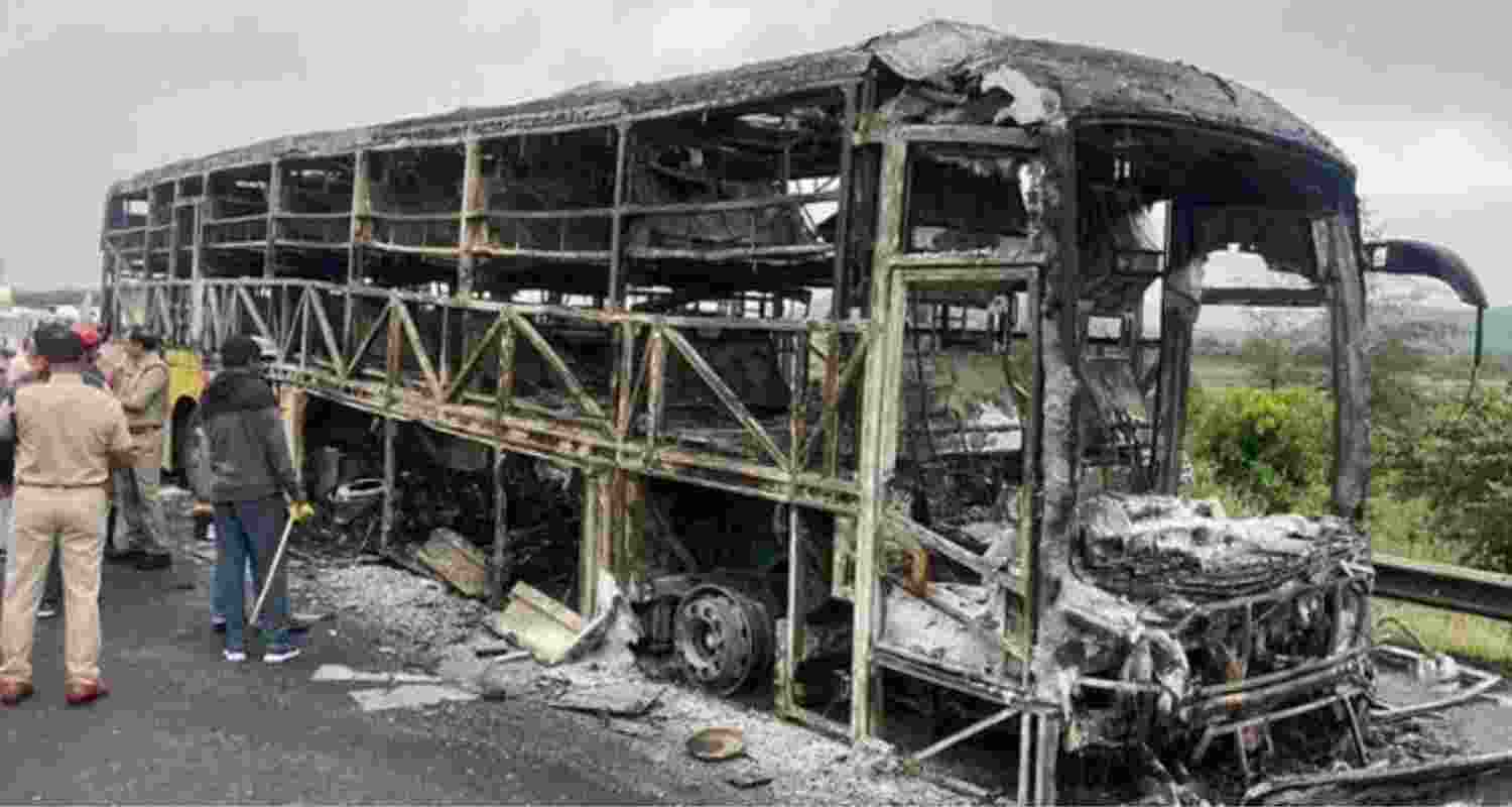 A view of the combusted bus after several people died in the tragedy, which took place near the Chinna Tekur village, in Kurnool on Friday. A view of the combusted bus after several people died in the tragedy, which took place near the Chinna Tekur village, in Kurnool on Friday.