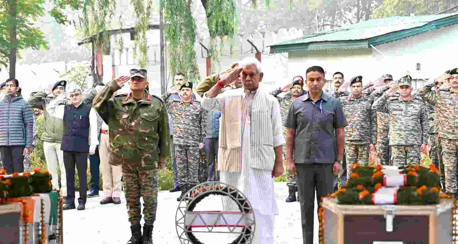 LG Manoj Sinha pays tribute to fallen soldiers in Kokernag.  LG Manoj Sinha pays tribute to fallen soldiers in Kokernag.