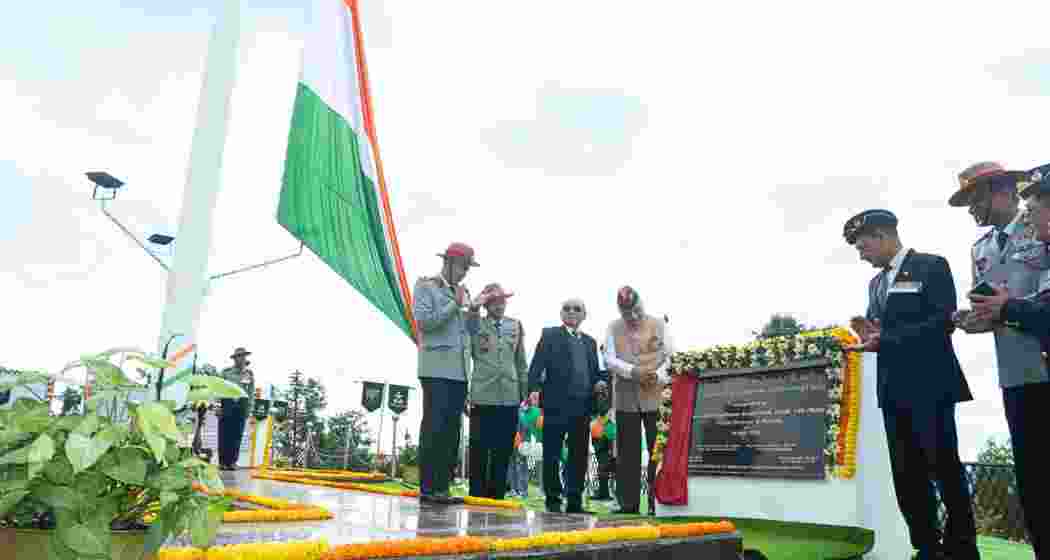 Mizoram Governor VK Singh unfurls the national flag atop a 108-foot pole at the Assam Rifles base in Zokhawsang. Mizoram Governor VK Singh unfurls the national flag atop a 108-foot pole at the Assam Rifles base in Zokhawsang.