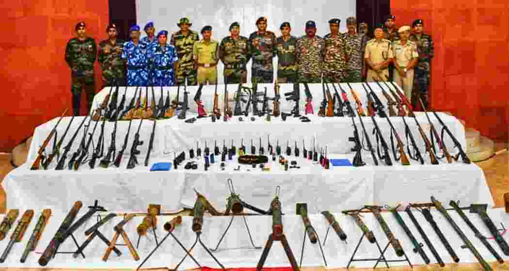 Security forces display seized arms and ammunition during joint counter-insurgency operations in Manipur, highlighting ongoing efforts to address insurgency and explosive threats across the Northeast in 2025. (Representational image) Security forces display seized arms and ammunition during joint counter-insurgency operations in Manipur, highlighting ongoing efforts to address insurgency and explosive threats across the Northeast in 2025. (Representational image)