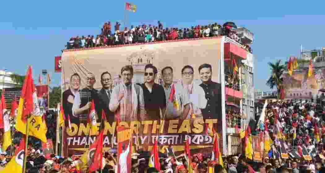 A poster showcasing the united front of indigenous communities under the One North East initiative, highlighting collaboration and collective action across the region. (Image: X/@SangmaConrad) A poster showcasing the united front of indigenous communities under the One North East initiative, highlighting collaboration and collective action across the region. (Image: X/@SangmaConrad)