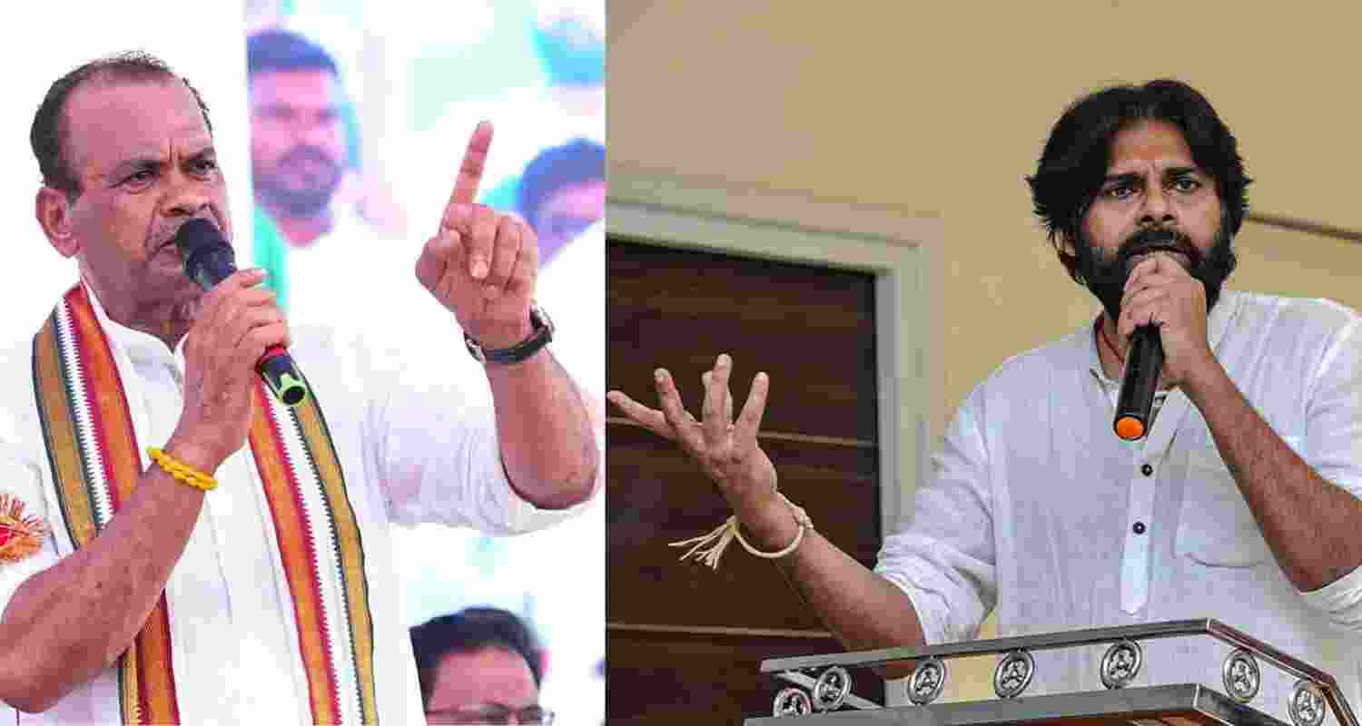 Telangana Cinematography Minister Komatireddy Venkat Reddy (left) and Andhra Pradesh Deputy Chief Minister Pawan Kalyan. Telangana Cinematography Minister Komatireddy Venkat Reddy (left) and Andhra Pradesh Deputy Chief Minister Pawan Kalyan.