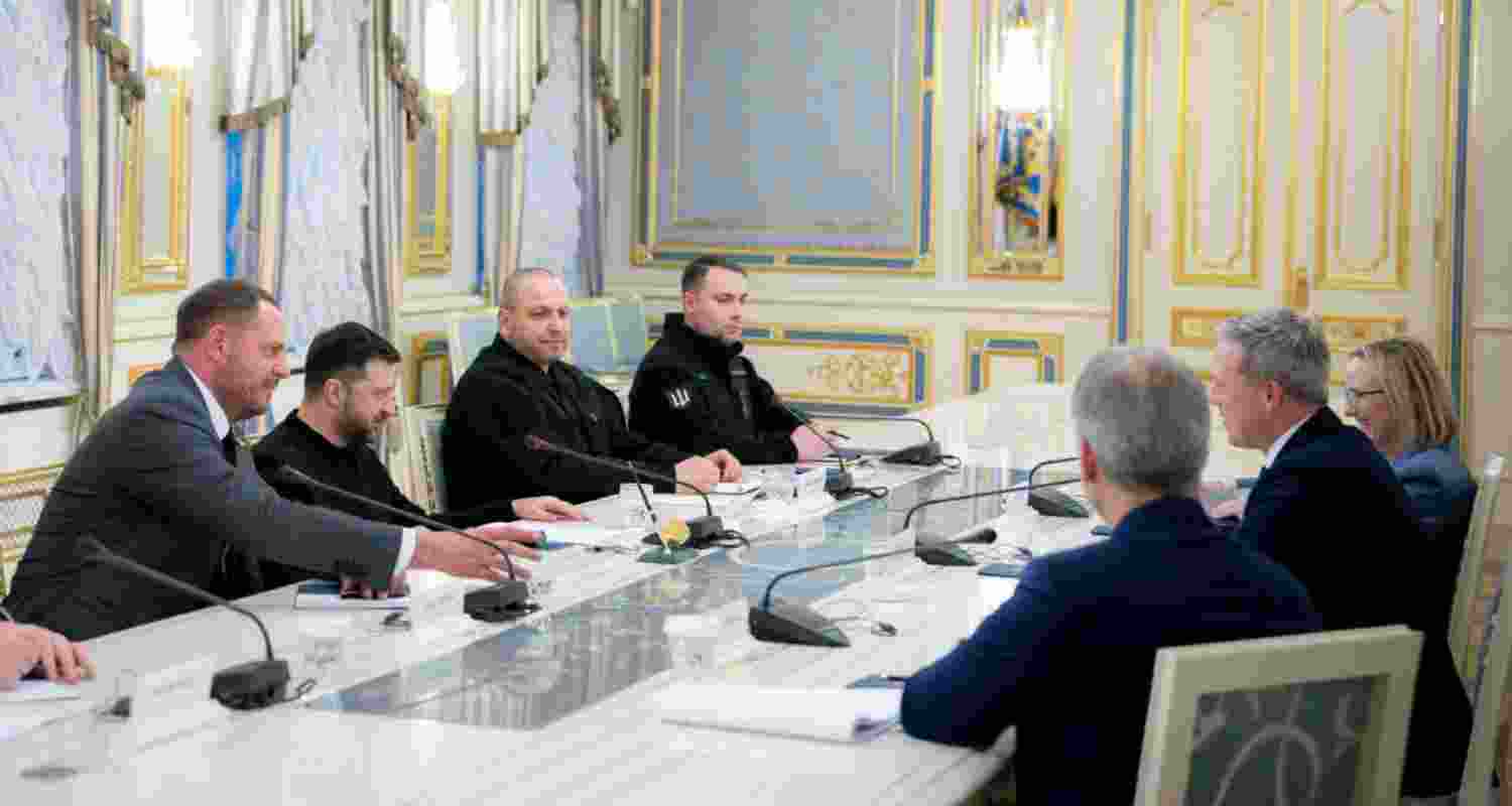 Ukrainian President Volodymyr Zelensky, second left, talks with US Secretary of the Army Dan Driscoll in Kyiv, Ukraine. Ukrainian President Volodymyr Zelensky, second left, talks with US Secretary of the Army Dan Driscoll in Kyiv, Ukraine.