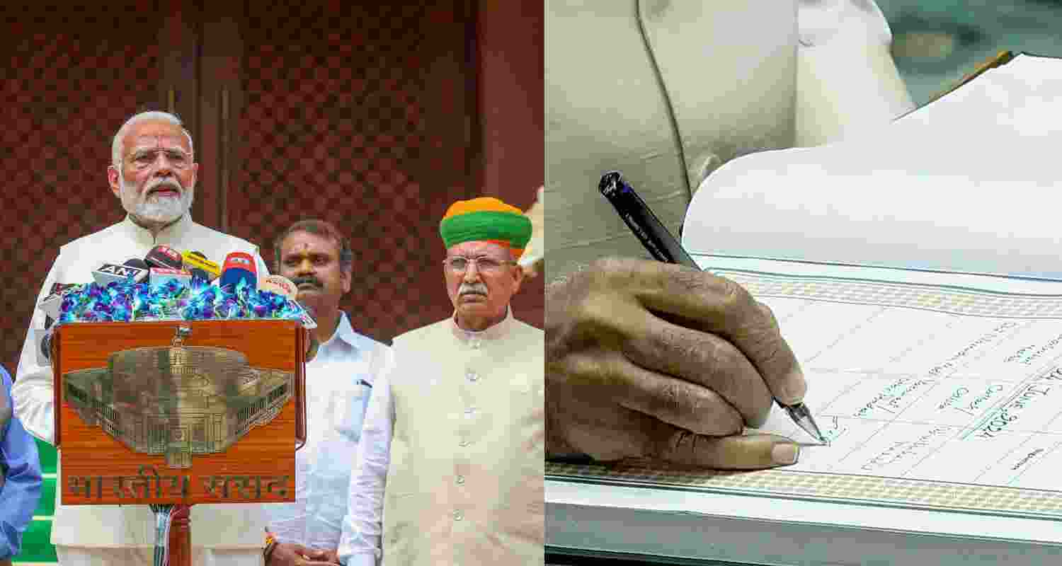 Prime Minister Narendra Modi along with Union Parliamentary Affairs Minister Kiren Rijiju and Ministers of State Jitendra Singh, Arjun Ram Meghwal and L Murugan addresses the media at the Parliament House complex on the first day of the first session of the 18th Lok Sabha (lefft), and Prime Minister Narendra Modi signs a register after taking oath (right). Prime Minister Narendra Modi along with Union Parliamentary Affairs Minister Kiren Rijiju and Ministers of State Jitendra Singh, Arjun Ram Meghwal and L Murugan addresses the media at the Parliament House complex on the first day of the first session of the 18th Lok Sabha (lefft), and Prime Minister Narendra Modi signs a register after taking oath (right).