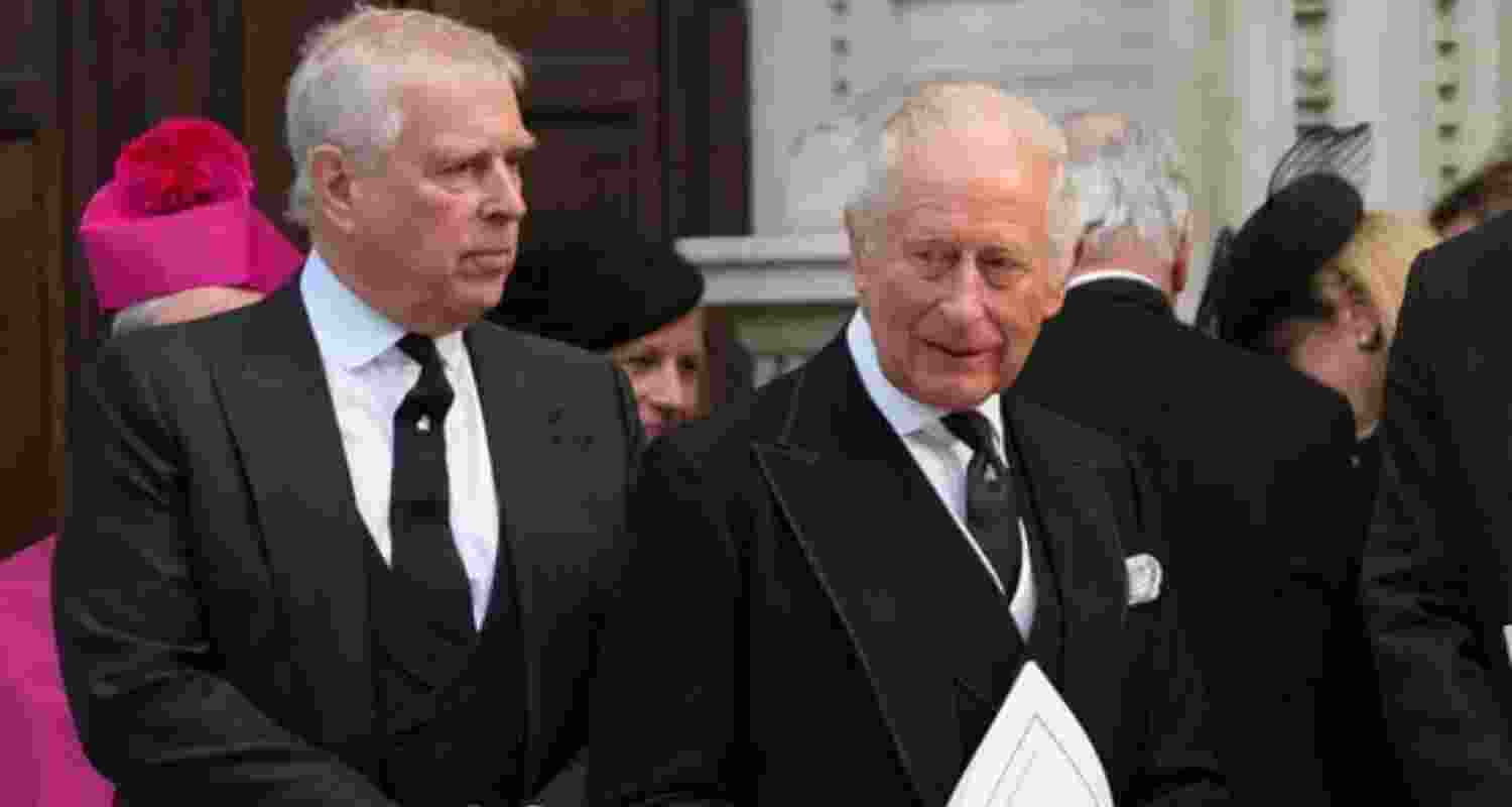 Andrew, left, and Britain's King Charles III leave after the Requiem Mass service for the Duchess of Kent at Westminster Cathedral in London. Andrew, left, and Britain's King Charles III leave after the Requiem Mass service for the Duchess of Kent at Westminster Cathedral in London.