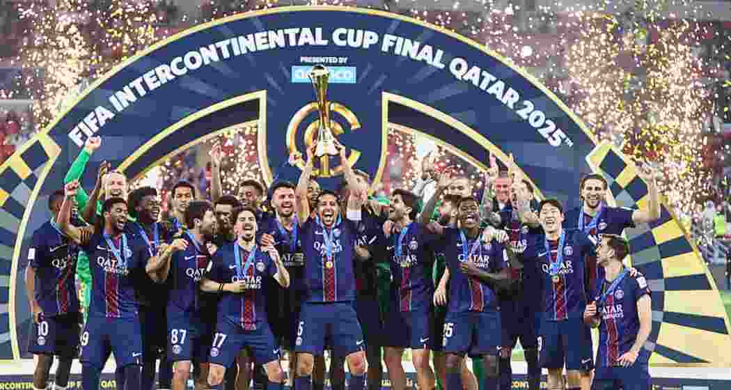 Paris Saint-Germain (PSG) players celebrating their FIFA Intercontinental Cup win. Paris Saint-Germain (PSG) players celebrating their FIFA Intercontinental Cup win.