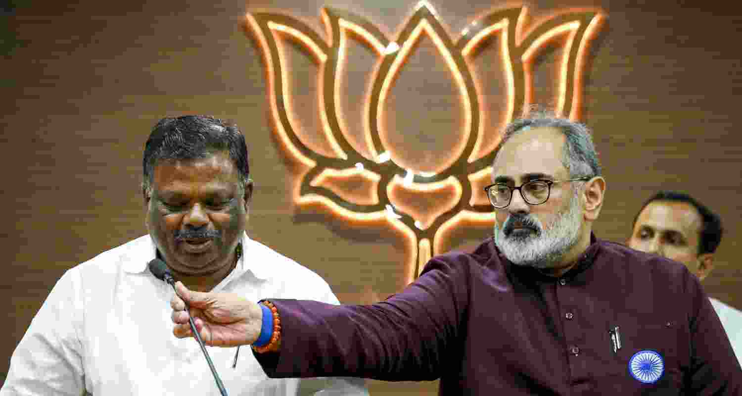 BJP state president Rajeev Chandrasekhar welcomed Rajendran into the fold, alongside former Chinnakanal panchayat president Gurunathan and local leader Santhosh. BJP state president Rajeev Chandrasekhar welcomed Rajendran into the fold, alongside former Chinnakanal panchayat president Gurunathan and local leader Santhosh.