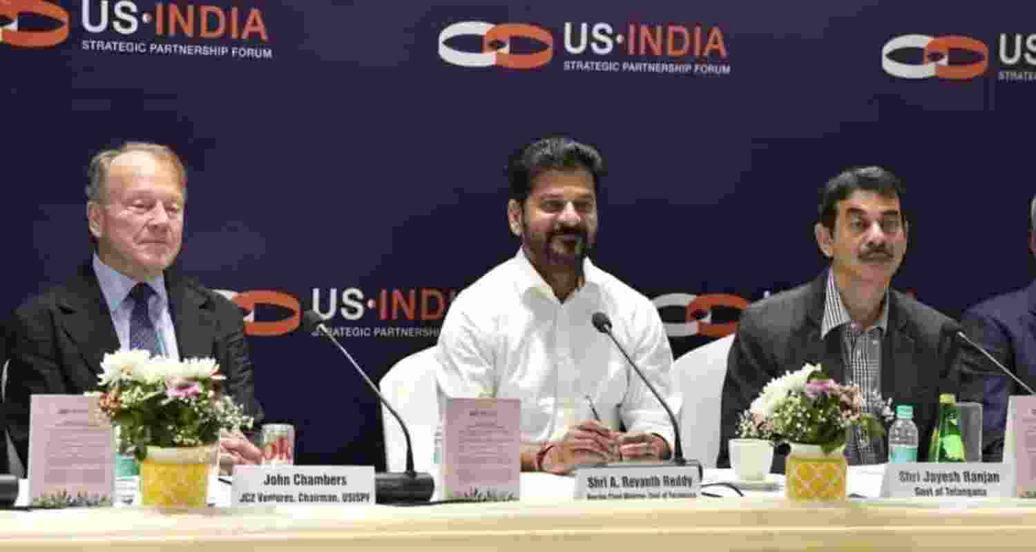 Telangana CM Revanth Reddy attends US-India Strategic Partnership Forum in New Delhi. Telangana CM Revanth Reddy attends US-India Strategic Partnership Forum in New Delhi.