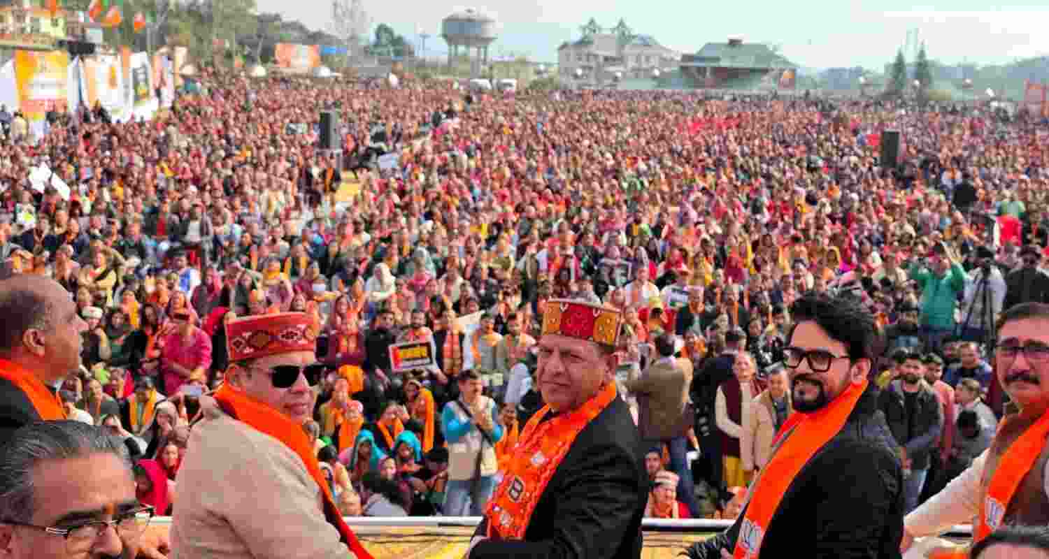 Senior BJP leaders during a protest rally against Congress in Dharamshala on Thursday. Senior BJP leaders during a protest rally against Congress in Dharamshala on Thursday.