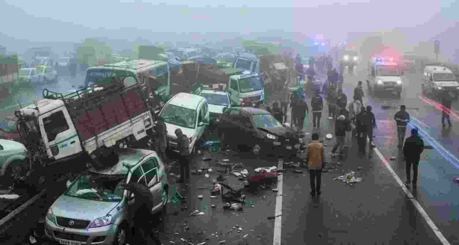 The accident occurred in Haryana’s Nuh district and was reportedly caused by dense fog. The accident occurred in Haryana’s Nuh district and was reportedly caused by dense fog.