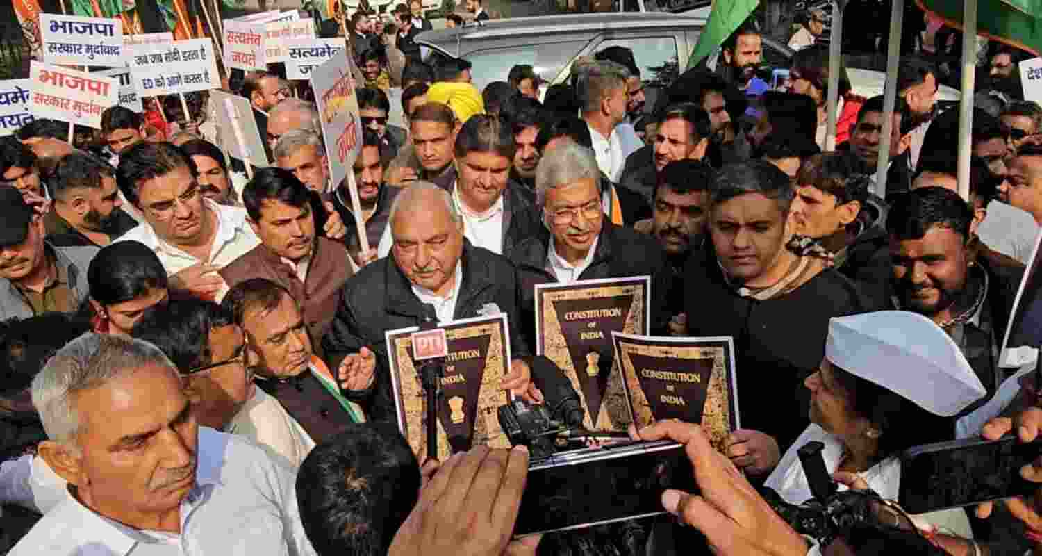 The Haryana Congress holds a massive protest outside the BJP’s state office in Panchkula on Wednesday. The Haryana Congress holds a massive protest outside the BJP’s state office in Panchkula on Wednesday.