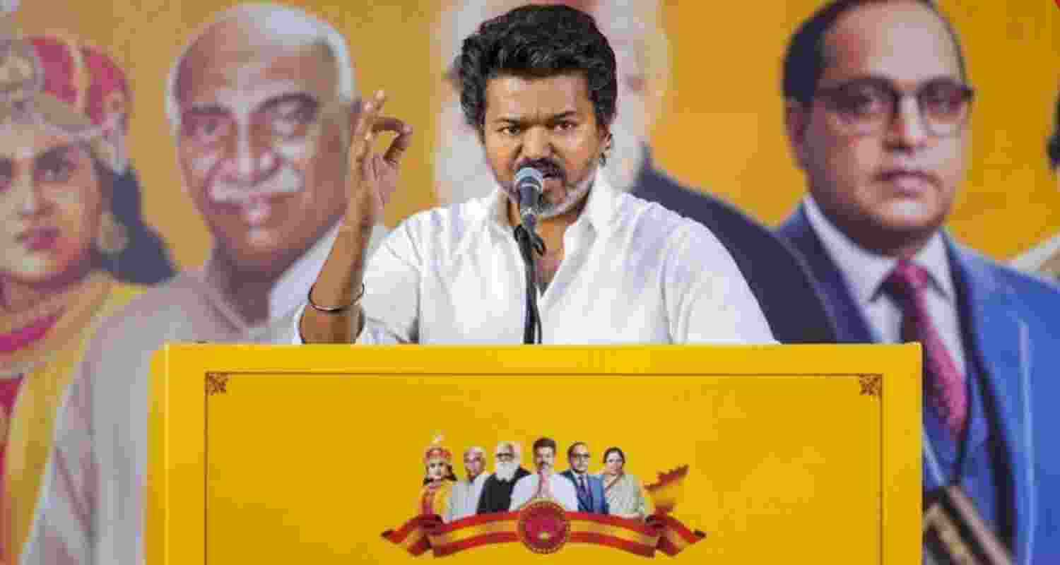 Tamilaga Vettri Kazhagam chief Vijay addresses people on Sunday during a poll campaign for the 2026 Assembly election. Tamilaga Vettri Kazhagam chief Vijay addresses people on Sunday during a poll campaign for the 2026 Assembly election.