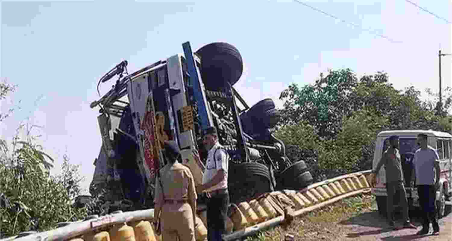 A truck overturned near Dhaliara in Kangra district on Tuesday. A truck overturned near Dhaliara in Kangra district on Tuesday.