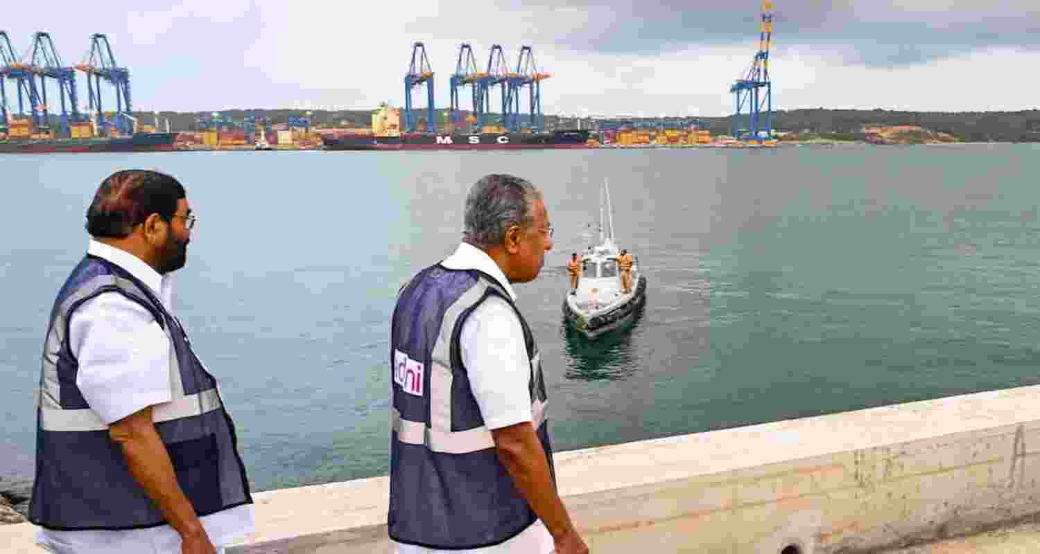 Kerala Chief Minister Pinarayi Vijayan and state Ports Minister VN Vasavan at Vizhinjam International Seaport Port, in Thiruvananthapuram, on Saturday. Kerala Chief Minister Pinarayi Vijayan and state Ports Minister VN Vasavan at Vizhinjam International Seaport Port, in Thiruvananthapuram, on Saturday.