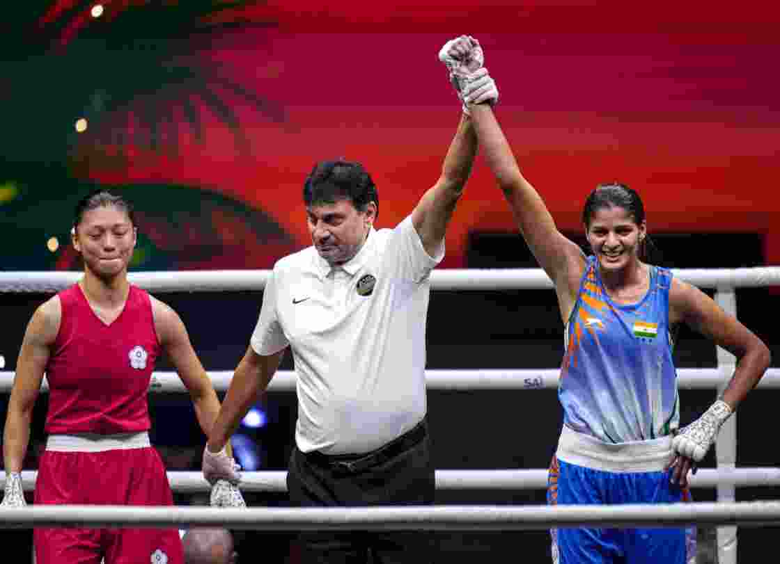 India's Jaismine Lamboria, in blue, after being declared the winner in the women's 57kg final match against Chinese Taipei's Wu Shih Yi at the World Boxing Cup Finals 2025, in Greater Noida, Uttar Pradesh on Thursday. India's Jaismine Lamboria, in blue, after being declared the winner in the women's 57kg final match against Chinese Taipei's Wu Shih Yi at the World Boxing Cup Finals 2025, in Greater Noida, Uttar Pradesh on Thursday.