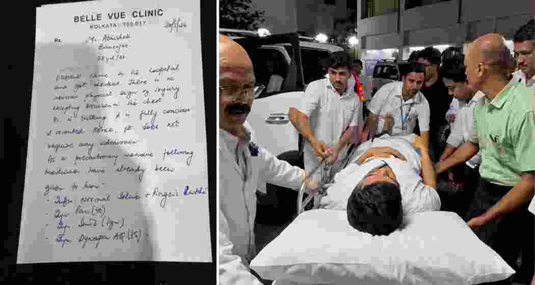 Medical prescription issued at Belle Vue Clinic detailing Abhishek Banerjee’s condition (left), while he is seen being taken on a stretcher to the hospital amid medical assistance (right). Medical prescription issued at Belle Vue Clinic detailing Abhishek Banerjee’s condition (left), while he is seen being taken on a stretcher to the hospital amid medical assistance (right).