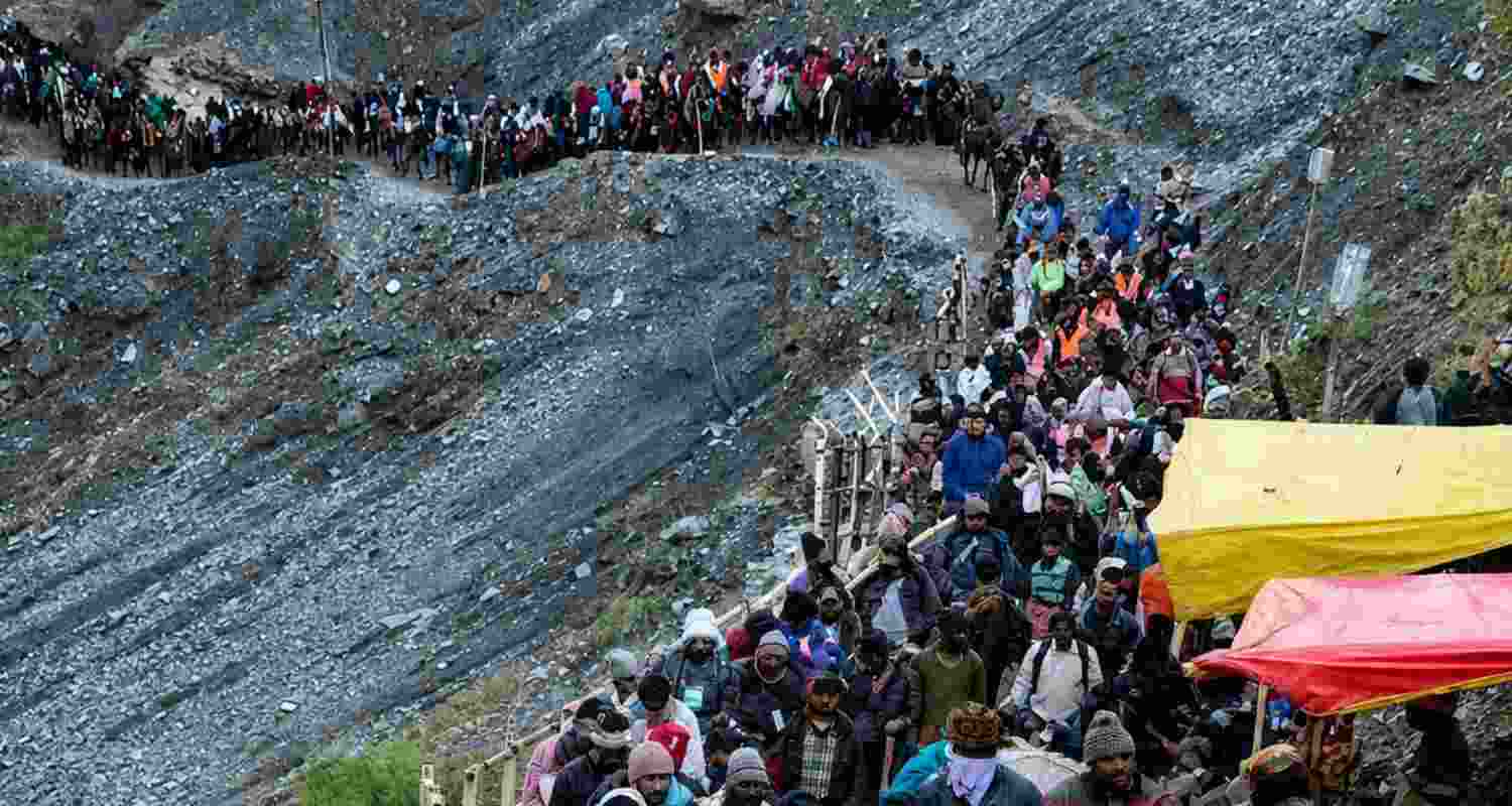 Amarnath Yatra resumed after a six-day rain halt as 4,474 pilgrims left Jammu under tight security. The Pahalgam route remains closed. Amarnath Yatra resumed after a six-day rain halt as 4,474 pilgrims left Jammu under tight security. The Pahalgam route remains closed.