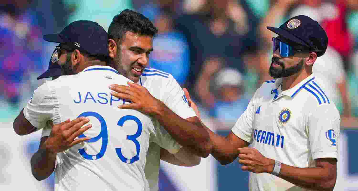 India's Ravichandran Ashwin celebrates with teammates after taking the wicket of England's Zak Crawley on the second day of the third test cricket match between India and England, at the Niranjan Shah Stadium, in Rajkot. India's Ravichandran Ashwin celebrates with teammates after taking the wicket of England's Zak Crawley on the second day of the third test cricket match between India and England, at the Niranjan Shah Stadium, in Rajkot.