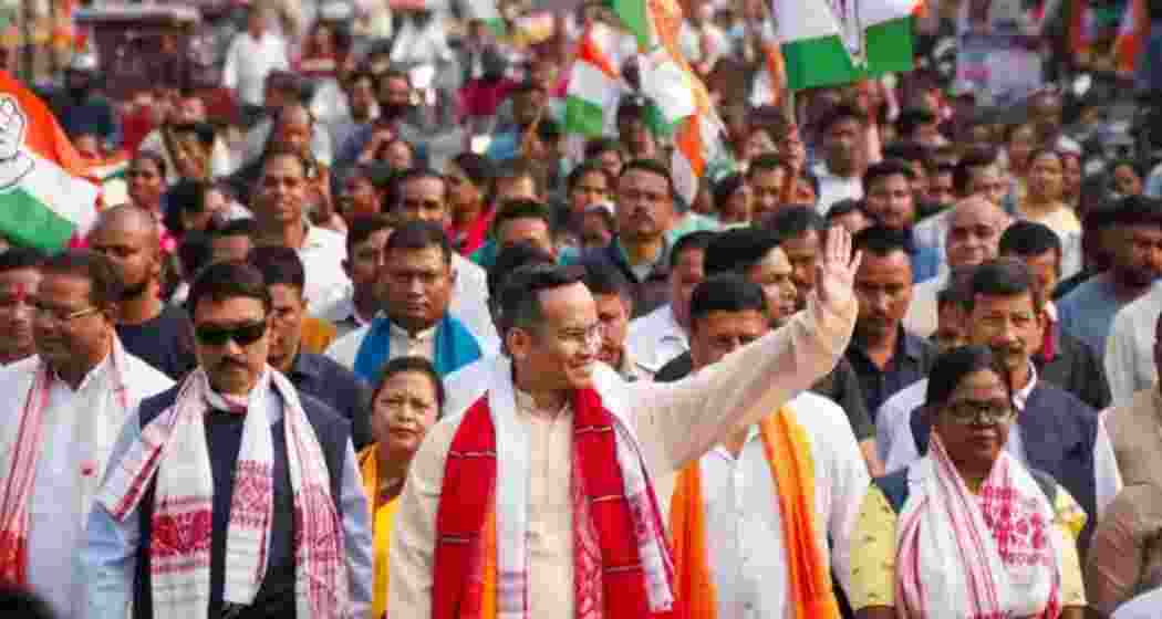 Congress leader Gaurav Gogoi marches during a rally ahead of the upcoming Assam Assembly elections. Congress leader Gaurav Gogoi marches during a rally ahead of the upcoming Assam Assembly elections.
