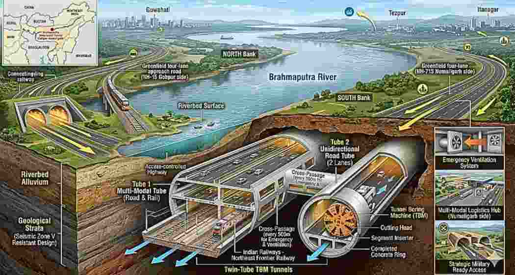 An artist's impression of the proposed underwater tunnel beneath the Brahmaputra River, a project expected to transform transport and connectivity across Northeast India. An artist's impression of the proposed underwater tunnel beneath the Brahmaputra River, a project expected to transform transport and connectivity across Northeast India.