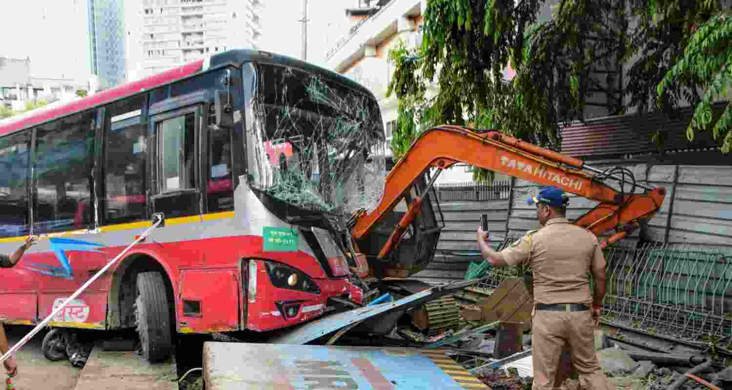 Damaged remains of a BEST (Brihanmumbai Electric Supply and Transport) bus after it collided with two cars and several other vehicles, in Mumbai, Monday. Damaged remains of a BEST (Brihanmumbai Electric Supply and Transport) bus after it collided with two cars and several other vehicles, in Mumbai, Monday.