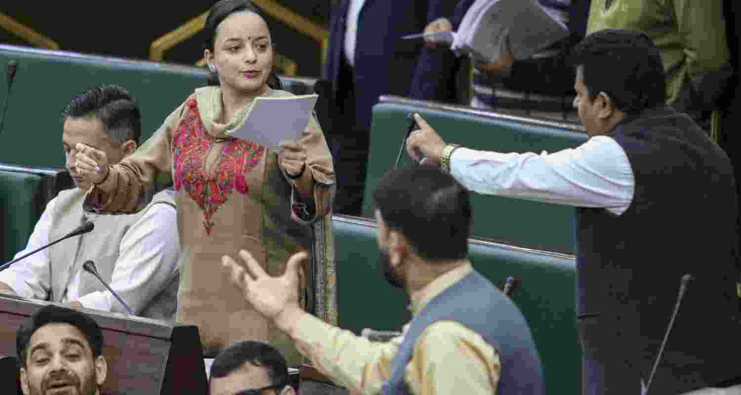 BJP MLAs protest during the Budget session of the Jammu and Kashmir Assembly in Jammu on Thursday. BJP MLAs protest during the Budget session of the Jammu and Kashmir Assembly in Jammu on Thursday.