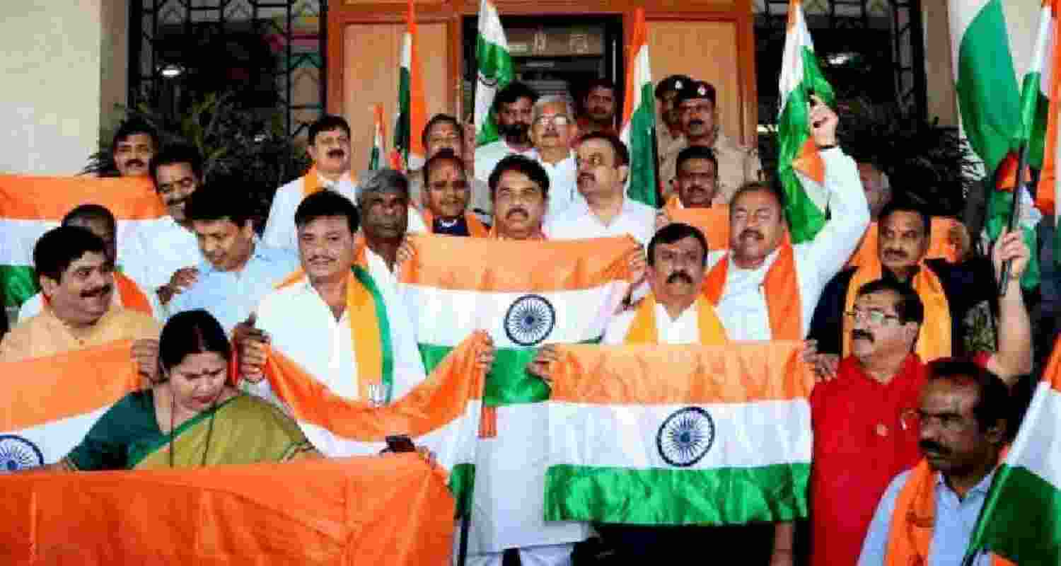 BJP MLAs hold a protest against alleged pro-Pakistan sloganeering at the Karnataka Assembly on Wednesday. BJP MLAs hold a protest against alleged pro-Pakistan sloganeering at the Karnataka Assembly on Wednesday.