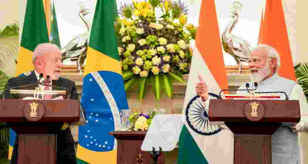 Prime Minister Narendra Modi and Brazilian President Luiz Inacio Lula da Silva during a joint press meet, at the Hyderabad House, in New Delhi on Saturday. Prime Minister Narendra Modi and Brazilian President Luiz Inacio Lula da Silva during a joint press meet, at the Hyderabad House, in New Delhi on Saturday.