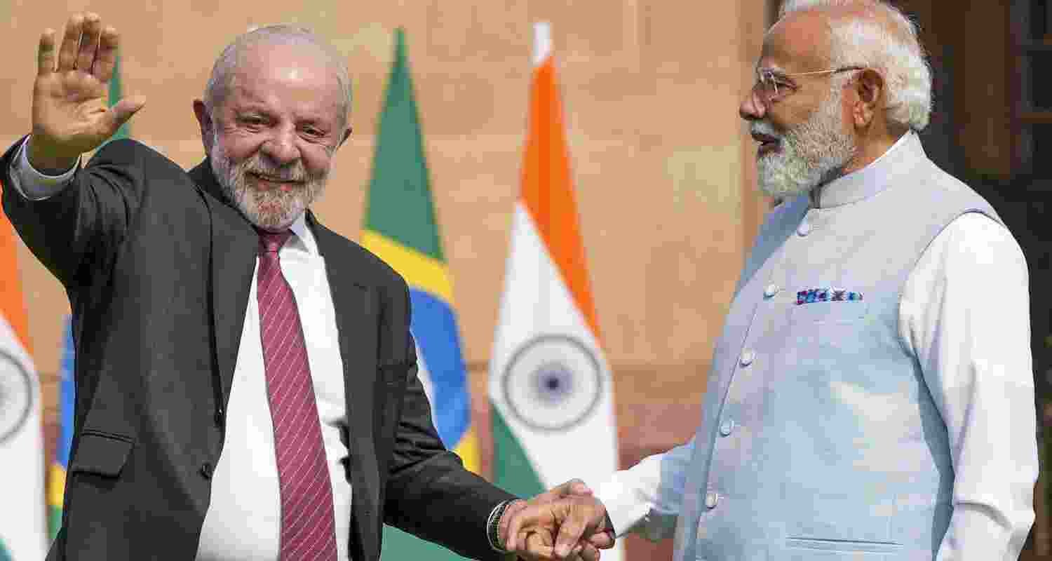 Prime Minister Narendra Modi with Brazilian President Luiz Inacio Lula da Silva prior to their meeting at the Hyderabad House, in New Delhi. Prime Minister Narendra Modi with Brazilian President Luiz Inacio Lula da Silva prior to their meeting at the Hyderabad House, in New Delhi.