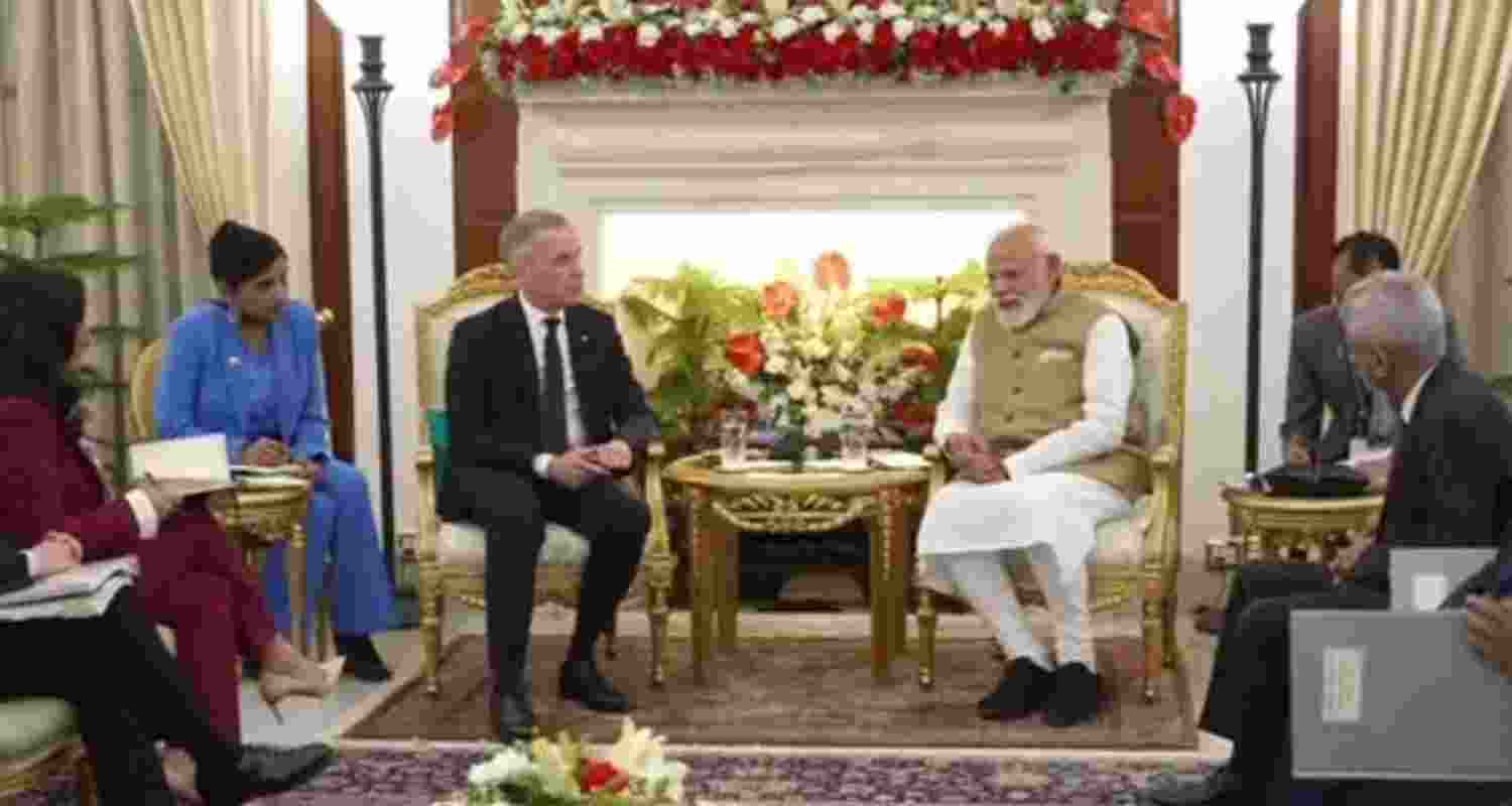 Canadian Prime Minister Mark Carney in talks with Prime Minister Narendra Modi at the Hyderabad House in New Delhi on Monday. Canadian Prime Minister Mark Carney in talks with Prime Minister Narendra Modi at the Hyderabad House in New Delhi on Monday.