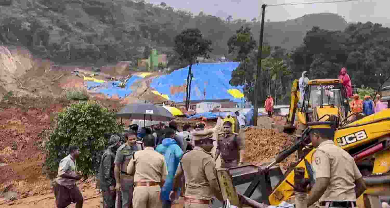 Rescue operations underway after a landslide at Kalladi near the Meppadi railway tunnel project in Wayanad district on Tuesday. Rescue operations underway after a landslide at Kalladi near the Meppadi railway tunnel project in Wayanad district on Tuesday.