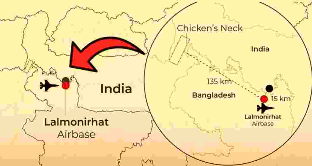 A map illustrating the Lalmonirhat airbase's proximity to India’s strategic Siliguri Corridor—popularly known as the Chicken’s Neck, a significant region considering national security and northeastern connectivity. A map illustrating the Lalmonirhat airbase's proximity to India’s strategic Siliguri Corridor—popularly known as the Chicken’s Neck, a significant region considering national security and northeastern connectivity.