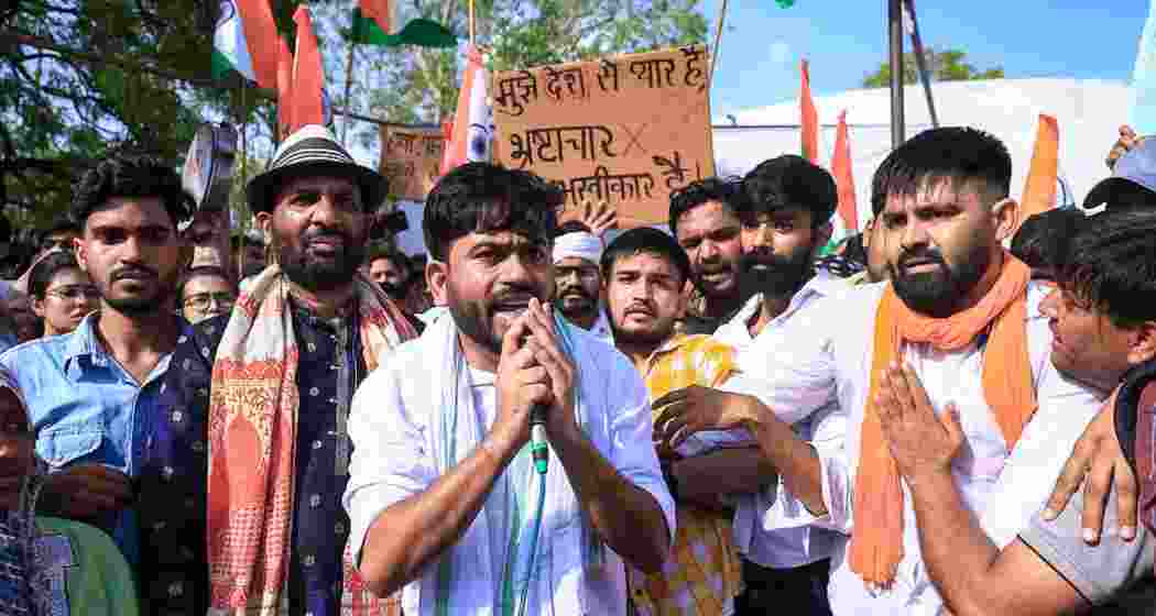 CJP leader Abhijeet Dipke along with party supporters stage a protest against Union Education Minister Dharmendra Pradhan over the alleged NEET-2026 examination paper leak, at Shaheed Smarak, in Jaipur, Rajasthan, Monday. CJP leader Abhijeet Dipke along with party supporters stage a protest against Union Education Minister Dharmendra Pradhan over the alleged NEET-2026 examination paper leak, at Shaheed Smarak, in Jaipur, Rajasthan, Monday.
