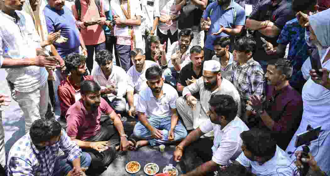 Cockroach Janta Party (CJP) founder Abhijeet Dipke, front centre, with supporters on the third day of a protest over alleged examination irregularities, repeated paper leaks and demands for accountability from the government, in New Delhi, on Monday. Cockroach Janta Party (CJP) founder Abhijeet Dipke, front centre, with supporters on the third day of a protest over alleged examination irregularities, repeated paper leaks and demands for accountability from the government, in New Delhi, on Monday.