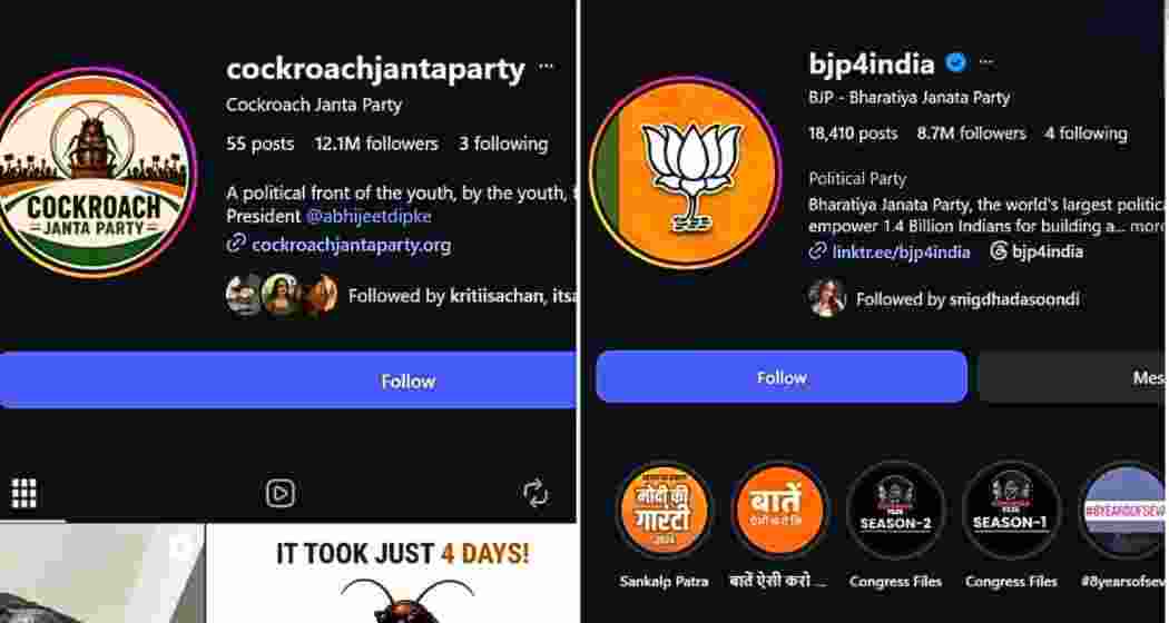 A mobile screen displays the Cockroach Janta Party’s Instagram and newly launched X handle alongside the BJP’s Instagram account as the satirical online movement crossed 15 million followers and faced restrictions on X in India on Thursday. A mobile screen displays the Cockroach Janta Party’s Instagram and newly launched X handle alongside the BJP’s Instagram account as the satirical online movement crossed 15 million followers and faced restrictions on X in India on Thursday.