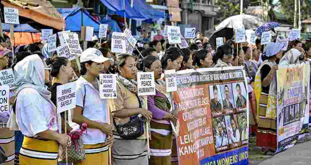 Women take part in a protest demanding the safe release of six missing Naga civilians, allegedly abducted by suspected armed militants following an ambush in Kangpokpi district on May 13, at Kanglatongbi village, in Imphal West district of Manipur. Women take part in a protest demanding the safe release of six missing Naga civilians, allegedly abducted by suspected armed militants following an ambush in Kangpokpi district on May 13, at Kanglatongbi village, in Imphal West district of Manipur.