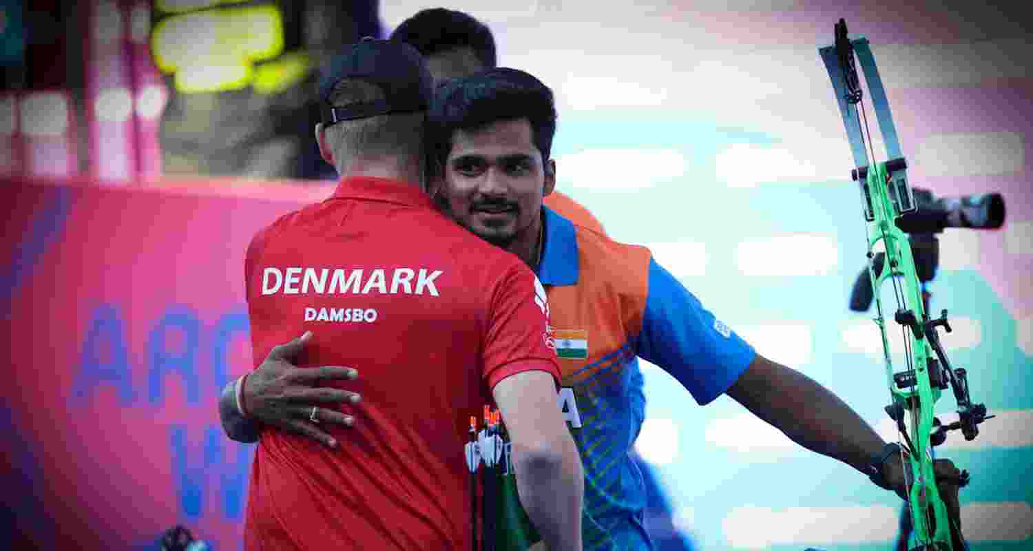 Reigning World University Games champion Sahil Jadhav being congratulated by his Denmark adversary Martin Damsbo. Reigning World University Games champion Sahil Jadhav being congratulated by his Denmark adversary Martin Damsbo.