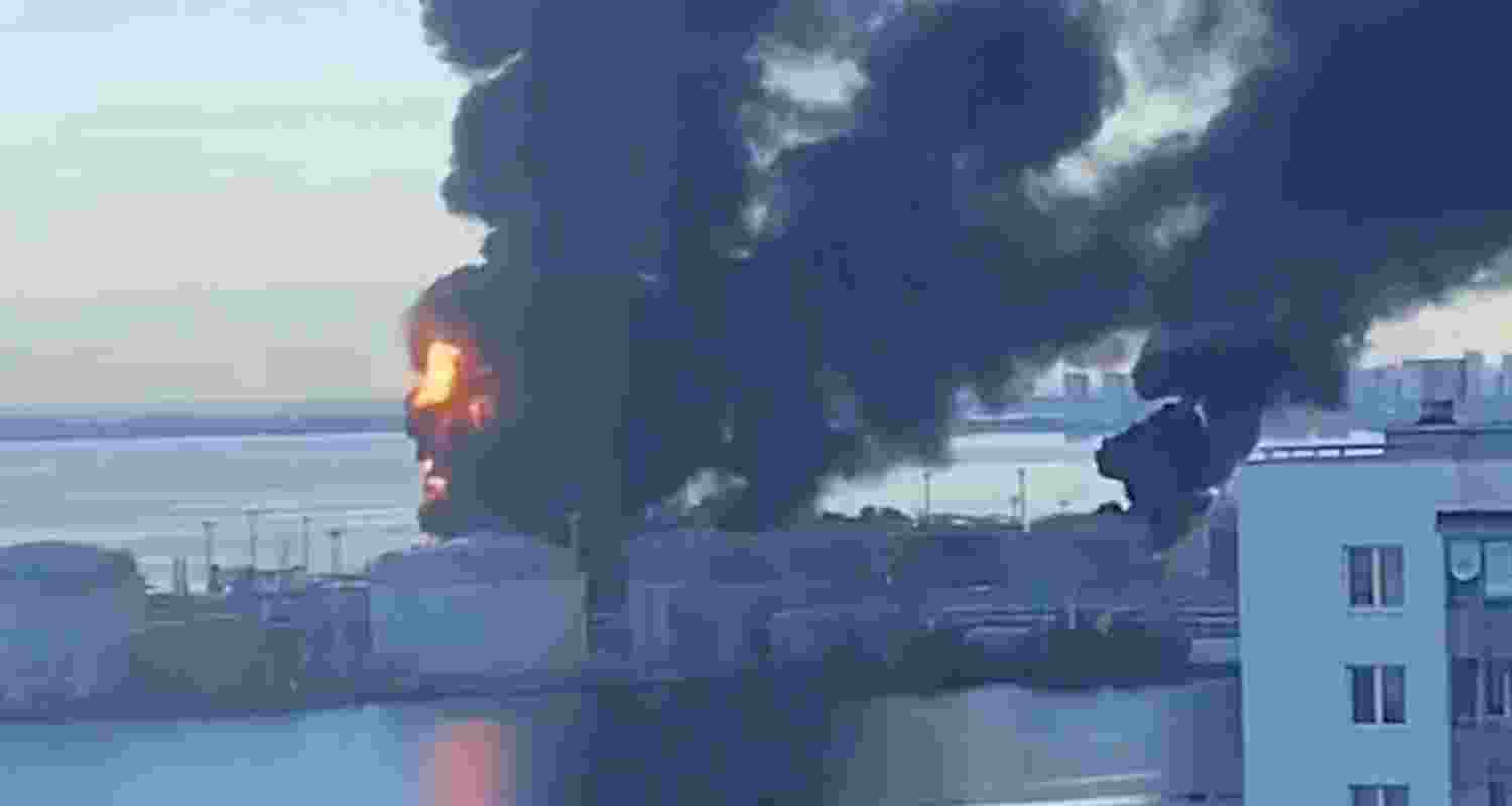 The oil terminal in St Petersburg on fire after being hit by a Ukrainian drone. (File photo) The oil terminal in St Petersburg on fire after being hit by a Ukrainian drone. (File photo)