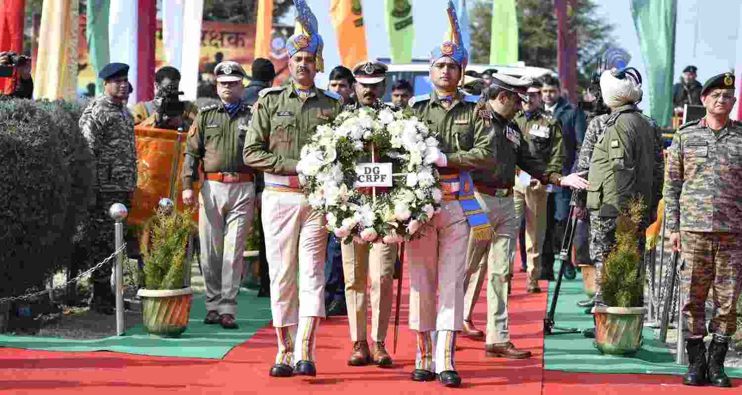 DG CRPF G.P. Singh, along with senior officials of the Army, J&K Police and CRPF, pays solemn tributes to the 40 martyrs of the Pulwama attack on its seventh anniversary. DG CRPF G.P. Singh, along with senior officials of the Army, J&K Police and CRPF, pays solemn tributes to the 40 martyrs of the Pulwama attack on its seventh anniversary.