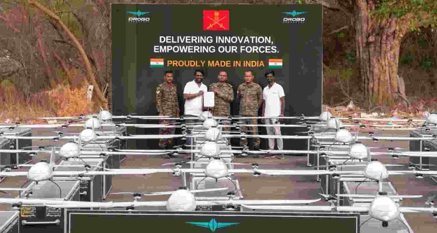 Hyderabad-based Drogo Aerospace delivers 41 indigenous JK 250e drones to the Indian Army under a Rs 72-crore contract, boosting defence. Hyderabad-based Drogo Aerospace delivers 41 indigenous JK 250e drones to the Indian Army under a Rs 72-crore contract, boosting defence.